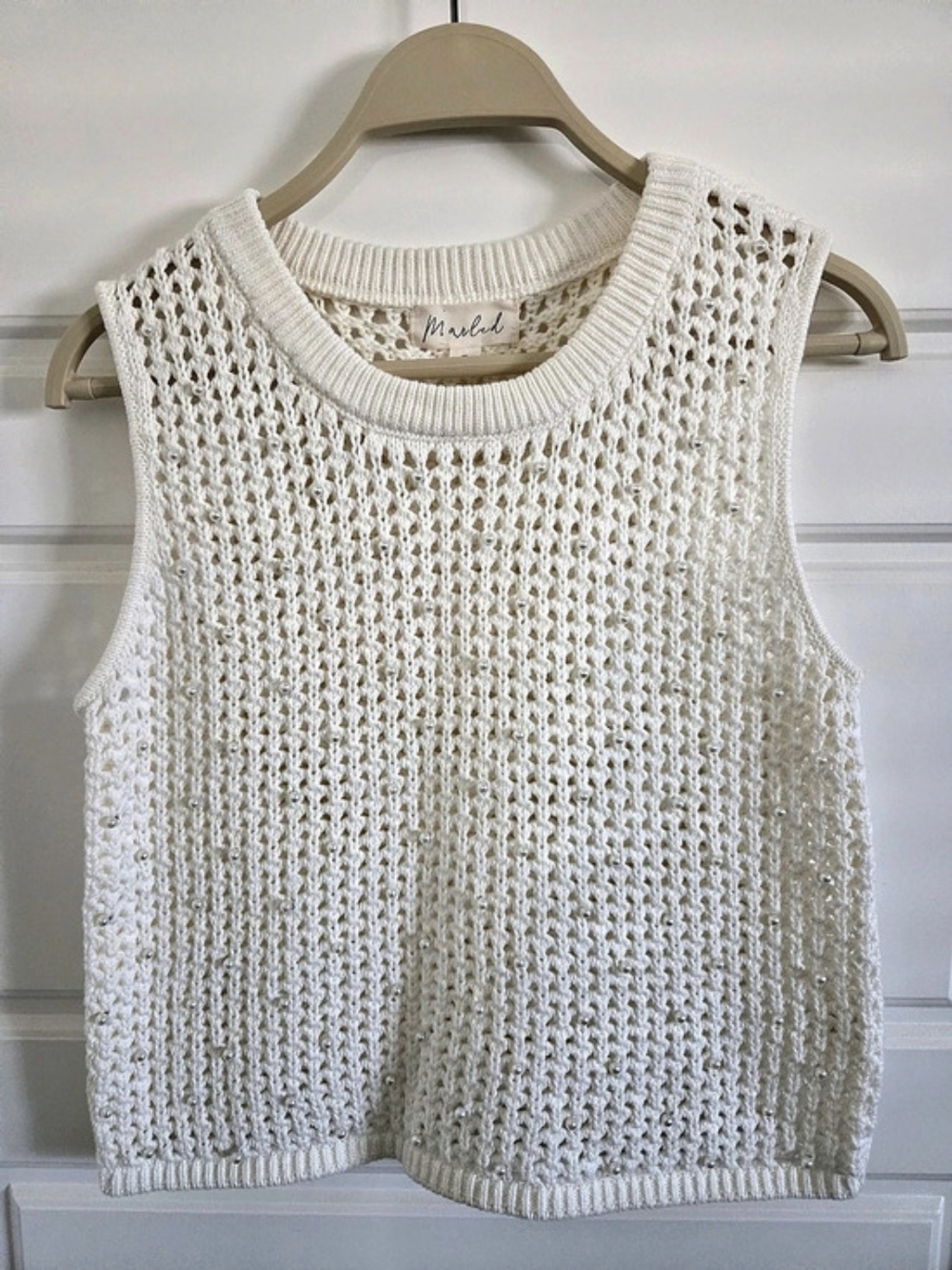 Marled Cream Crochet Pearl Embellished Sweater Vest Small